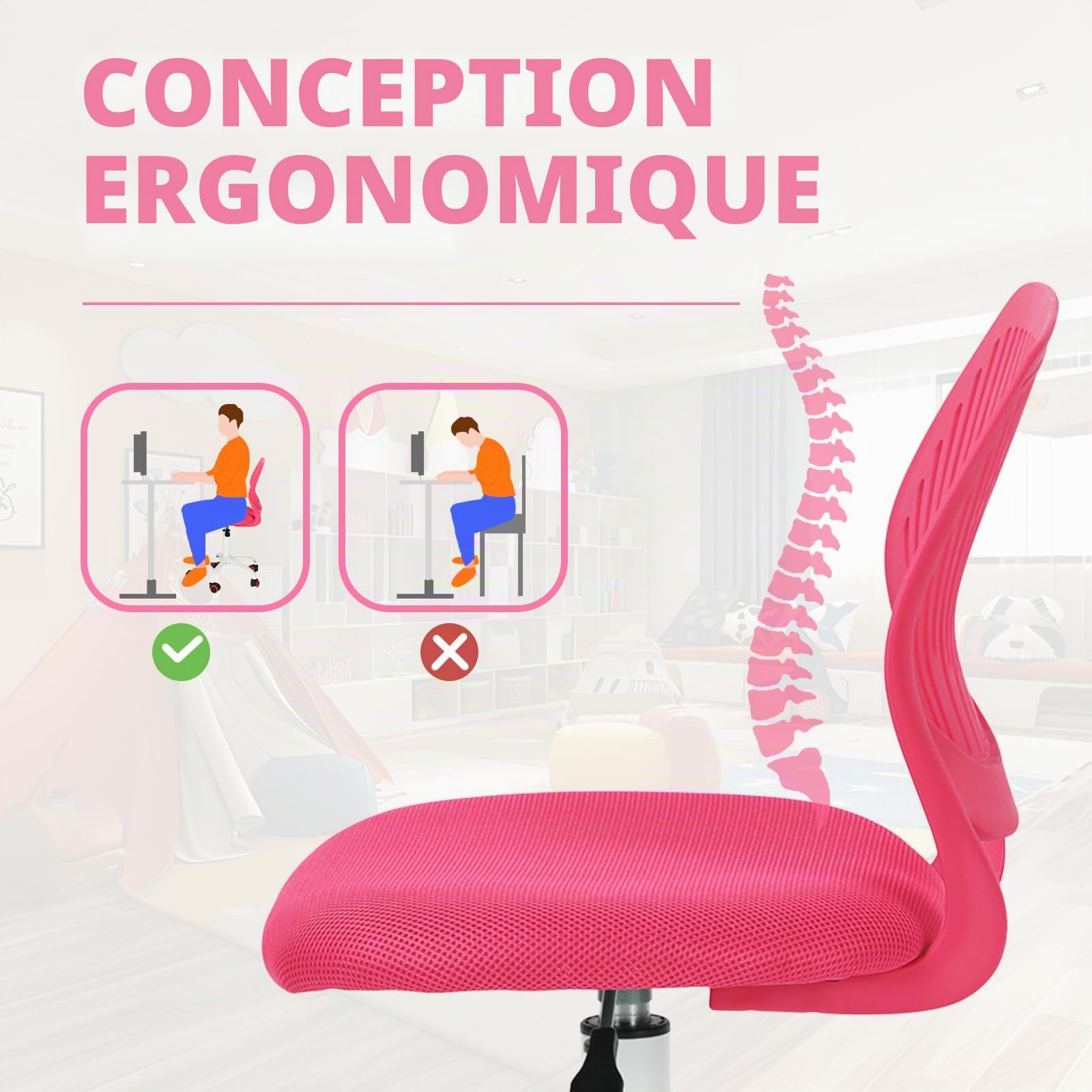 FurnitureR Chaise de Bureau adaptée aux Enfants pour l'apprentissage à la Maison, Fauteuil Roulant Ergonomique réglable en Hauteur pour Les Jeunes apprenants, Design Rose Vif