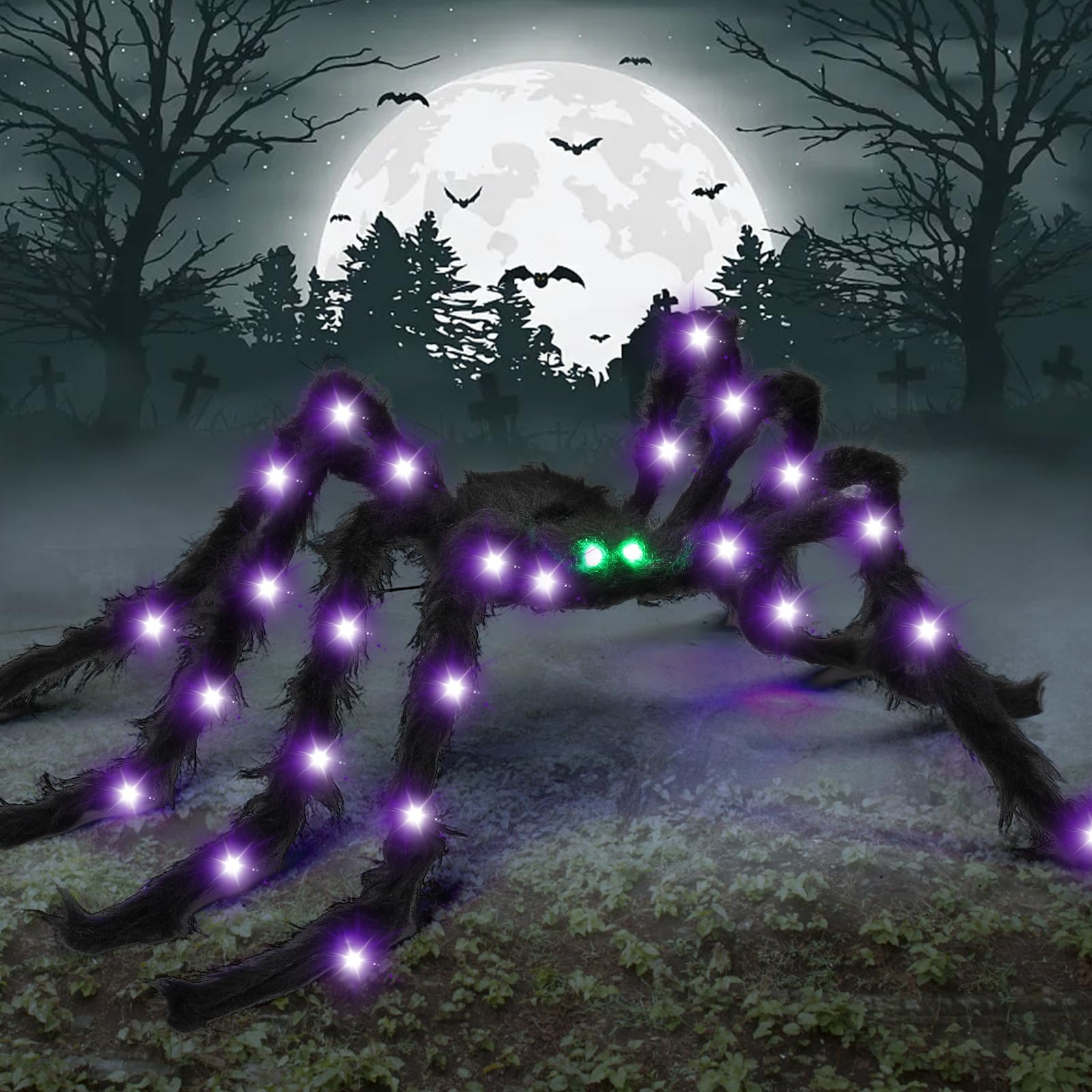 BEIGUO 6.6Ft Halloween Light Up Giant Spider,Scary Large Hairy Spider with Green Lighted Eyes for Yard Lawn Halloween Outdoor Decorations,Indoor Party