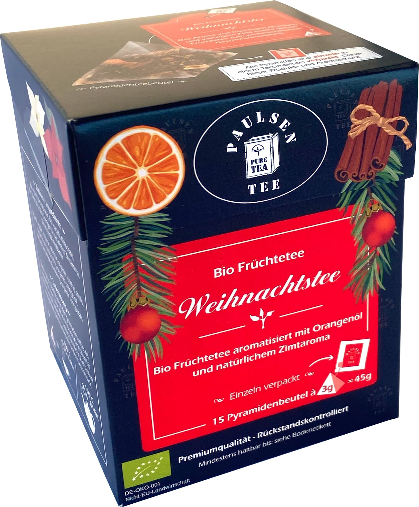 Paulsen - Bio Weihnachtstee - Früchtetee - im Pyramidenbeutel, einzeln kuvertiert - 15 x 3 g pro Faltschachtel- 45g (12er-Pack)