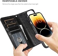 Vista 3 de Bocasal Funda tipo cartera desmontable para iPhone 15 con bloqueo RFID, ranuras para tarjetas, soporte de cuero PU premium, soporte magnético tipo