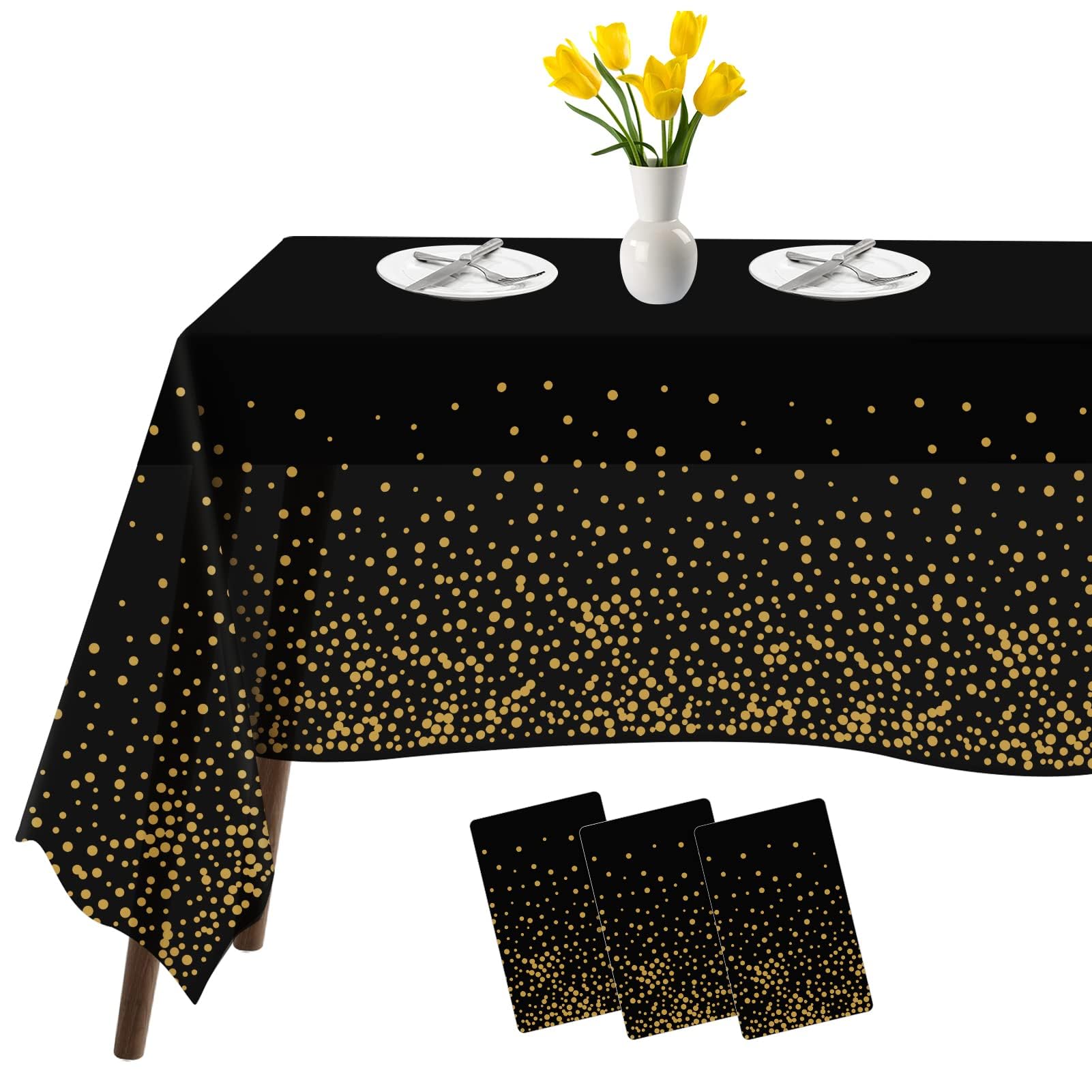 Tablecloths for Rectangle Tables, 3 Pack 54" x 108" Plastic Table Cloth Disposable Table Covers Engagement Party Decorations, Black Gold Dot