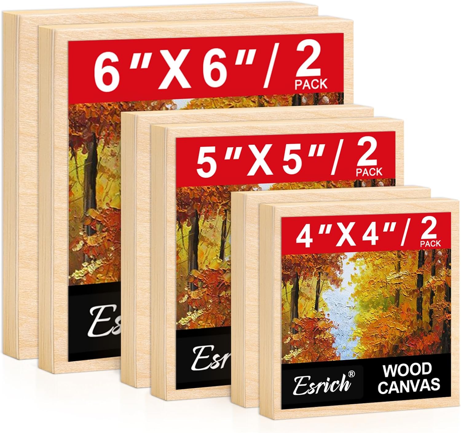 ESRICH 6 Pack Wood Panels with 4"x4", 5"x5", 6"x6", Square Craft Wood Canvas Boards, Blank Unfinished Wooden Art Board for DIY Art Creations Such as Painting, Acrylic Pouring, Resin, Burning, Collage