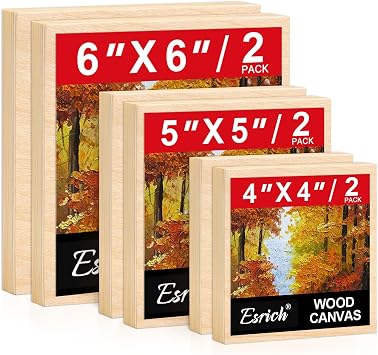 ESRICH 6 Pack Wood Panels with 4"x4", 5"x5", 6"x6", Square Craft Wood Canvas Boards, Blank Unfinished Wooden Art Board for DIY Art Creations Such as Painting, Acrylic Pouring, Resin, Burning, Collage