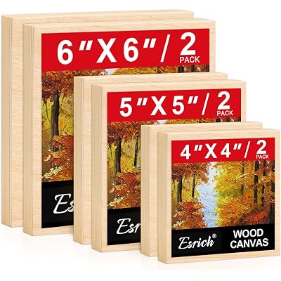 ESRICH 6 Pack Wood Panels with 4"x4", 5"x5", 6"x6", Square Craft Wood Canvas Boards, Blank Unfinished Wooden Art Board for DIY Art Creations Such as Painting, Acrylic Pouring, Resin, Burning, Collage