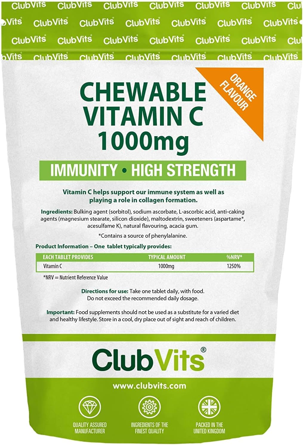 Vitamin C 1000mg Chewable - 360 Tablets - Supports Immune Health and Helps Fight Colds - Helps Reduce Tiredness and Fatigue