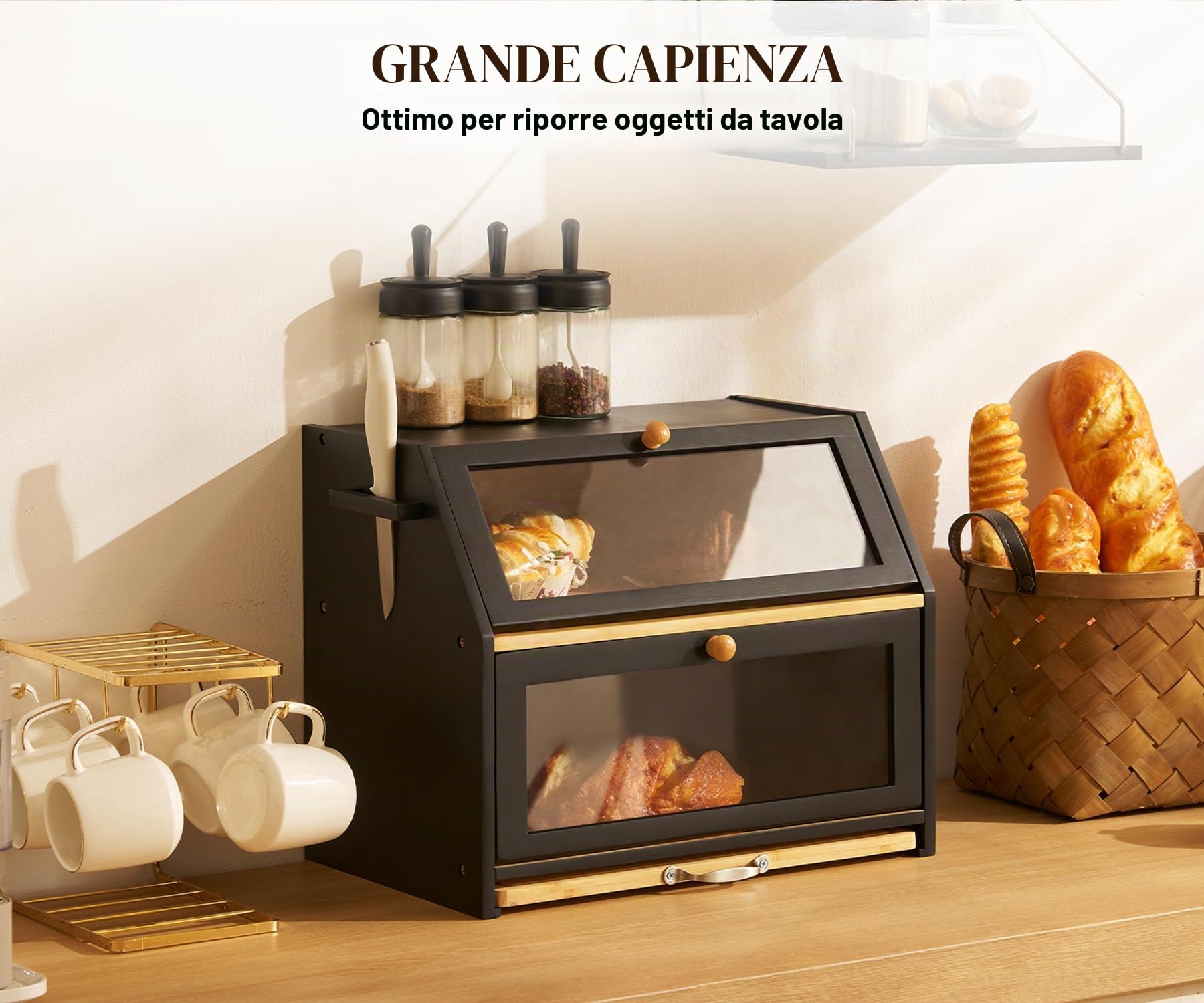 YOUDENOVA Cestino per il pane ecologico in bambù con tagliere, contenitore per pane da cucina, contenitore per pane tostato, nero, 39 x 26 x 32,5 cm (lunghezza x larghezza x altezza)