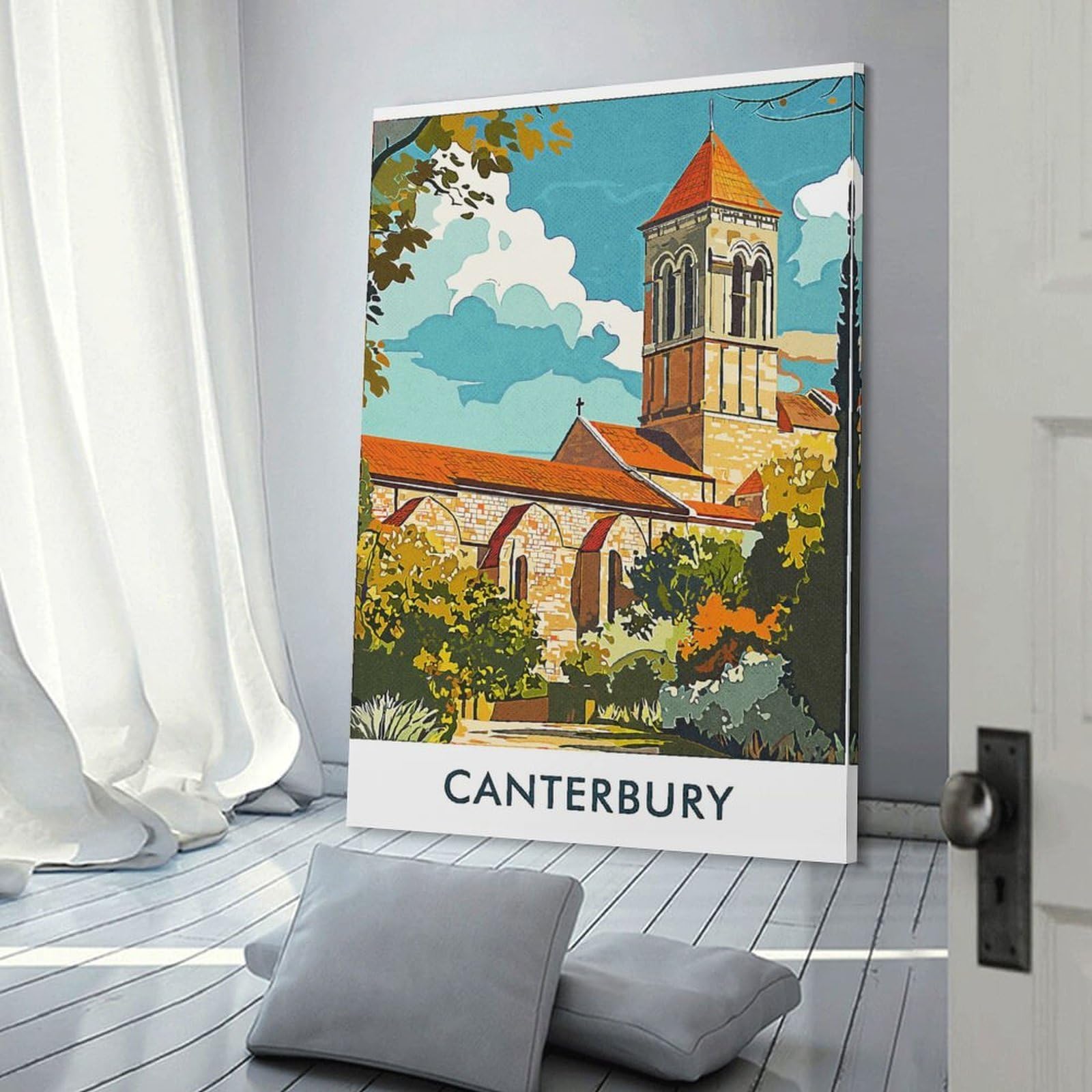 Junmoney Canterbury Cathedral Illustration Decorative Wall Artwork 12x18inch(30x45cm), for Front Hall, Corridor Or Welcome Spaces, Decorative Wall Art for Narrow Spaces