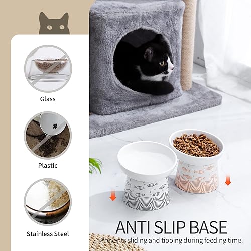 Miniatura 6 de Cuencos de cerámica para comida y agua para gatos, juego de cuencos elevados inclinados para alimentación de gatos, plato de porcelana libre de