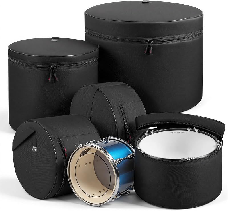 5-Piece Drum Case Set, 600D, Padded Drum Bags for 22 in Bass, 12/13/16 in Tom, 14 in Snare, Thick Padding, Lightweight Protective Covers Travel Storage Cases, for Drums Accessories Protection