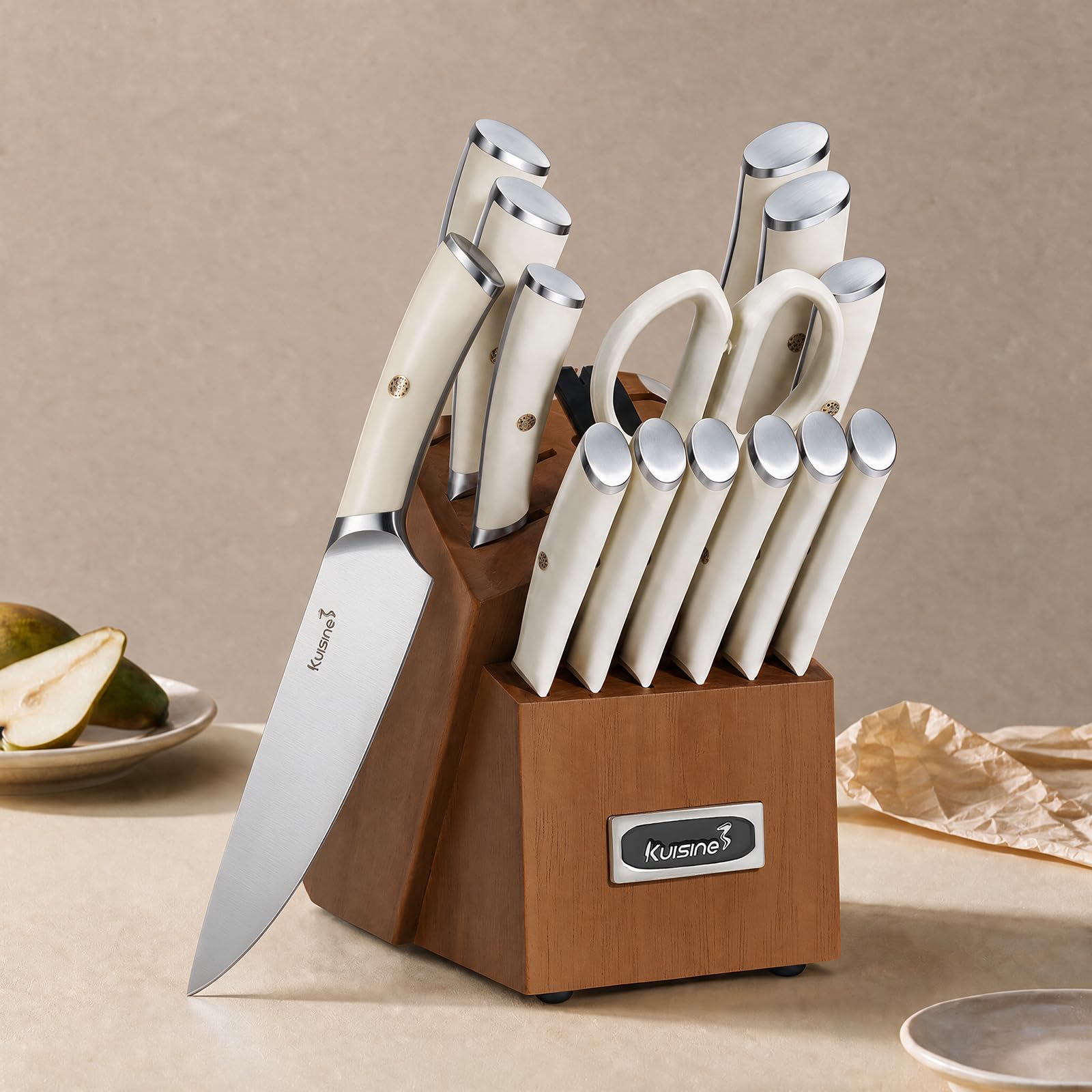 KUISINE Upgraded Sharp Chef Knife Set,High Carbon Stainless Steel Ergonomic Rivet Handle,Knife Block Set with Built-in Sharpener(Acacia Ivory Pro,15PCS) — Amazon image 8