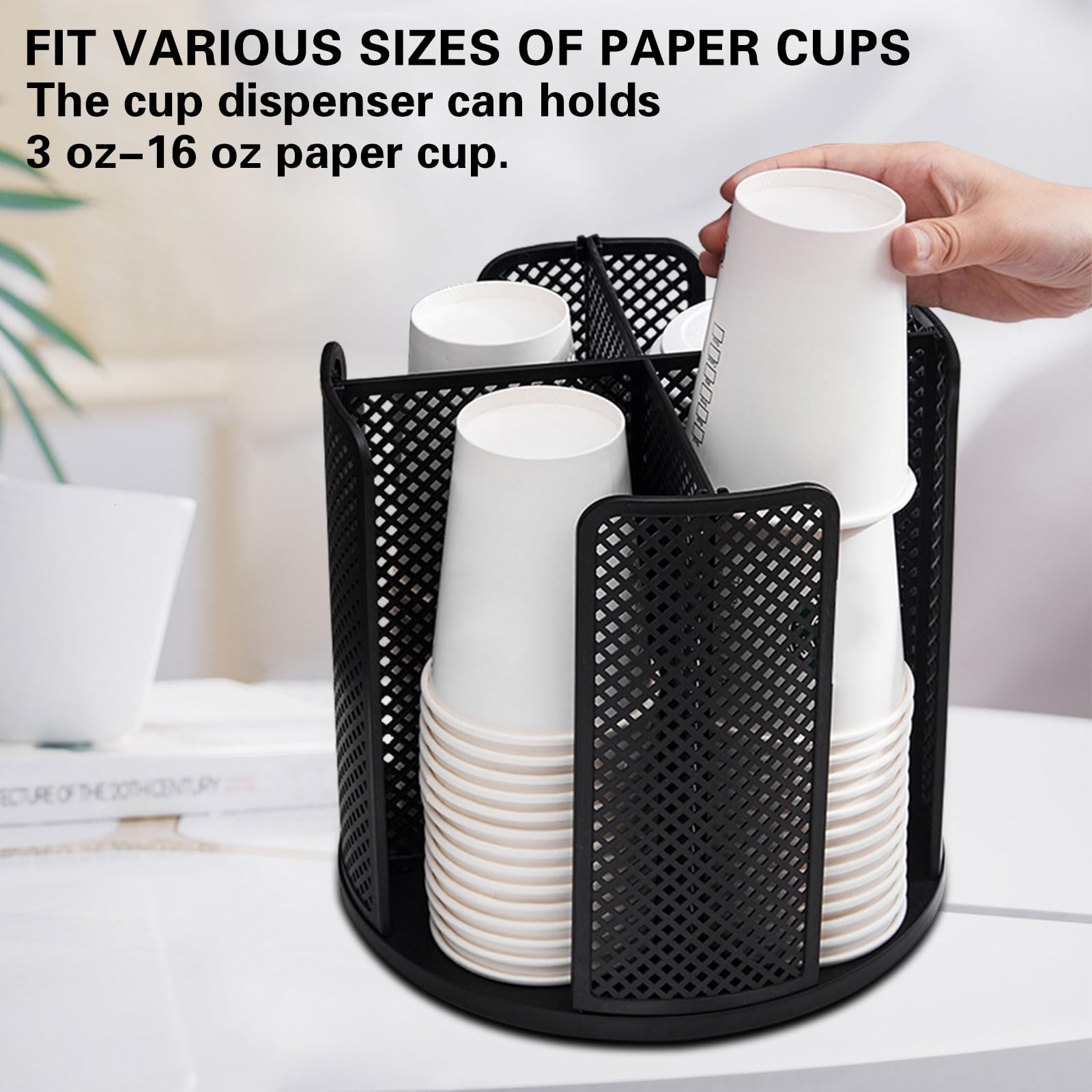 Cup and Lid Organizer, 360° Rotatable Coffee Cup Dispenser for Plastic and Paper Cups of 3 to 16 oz, 4 Compartments Detachable Countertop Cup Holder for Restaurant Coffee Station Bar (Black)