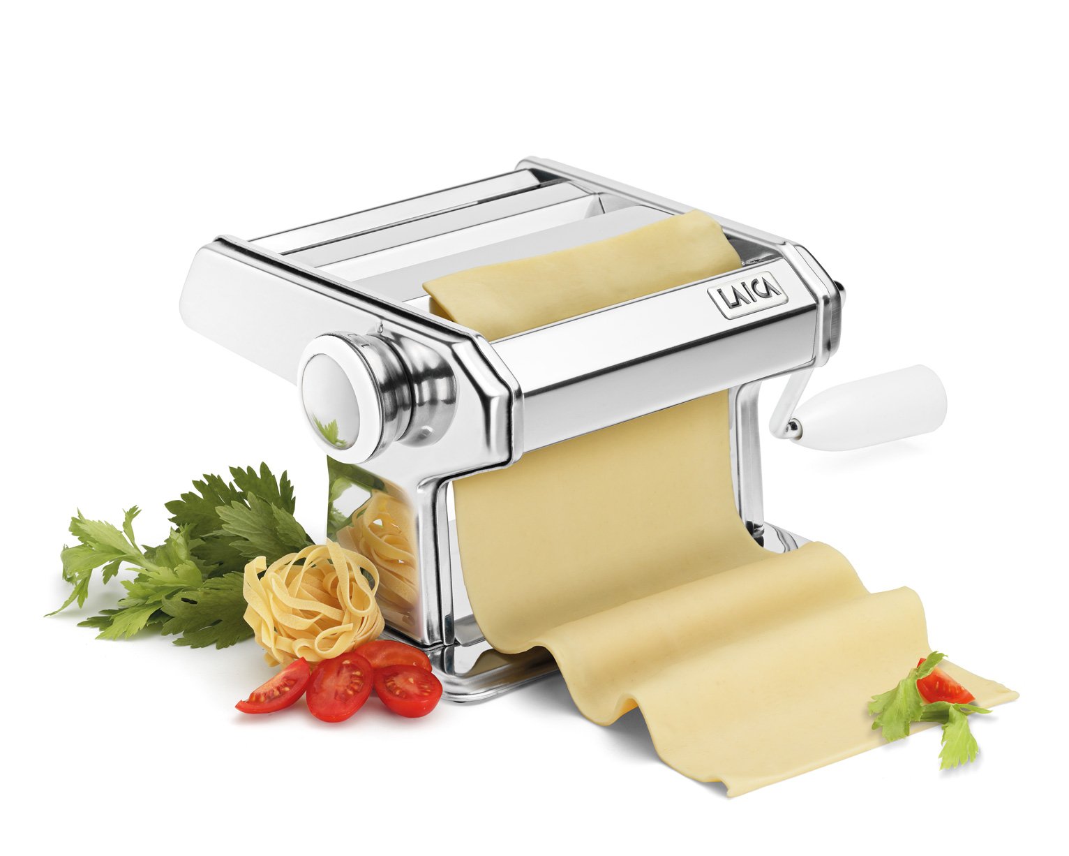 Máquina para hacer pasta Laica PM0500 en acero inoxidable, incluye manivela y pinza de sujección. Rueda con 7 ajustes. Se le puede añadir motor.