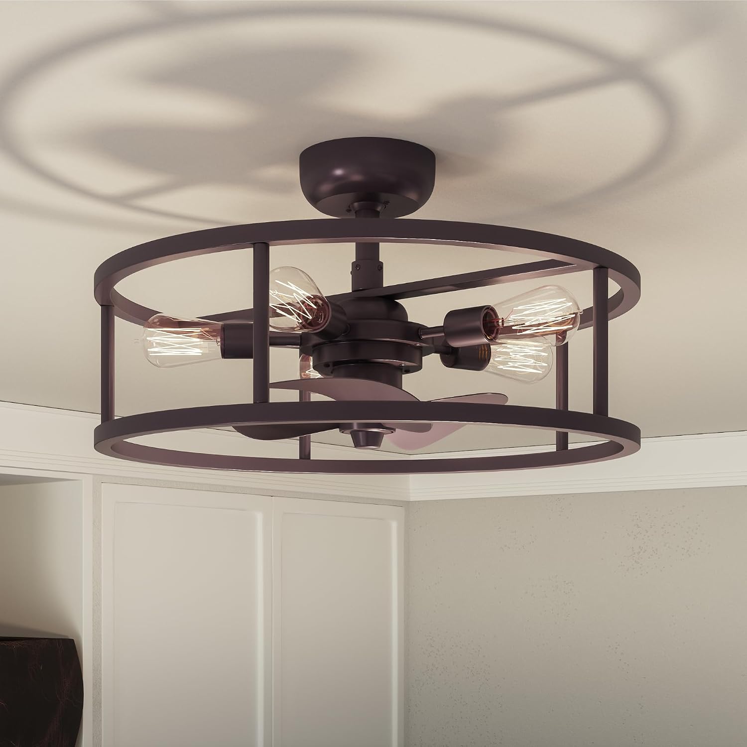 Quoizel New Harbor Ceiling Fan with Light, 5-Light Western Bronze Open Cage Flush Mount Fandelier, Remote Included, Dimmable LED Bulbs
