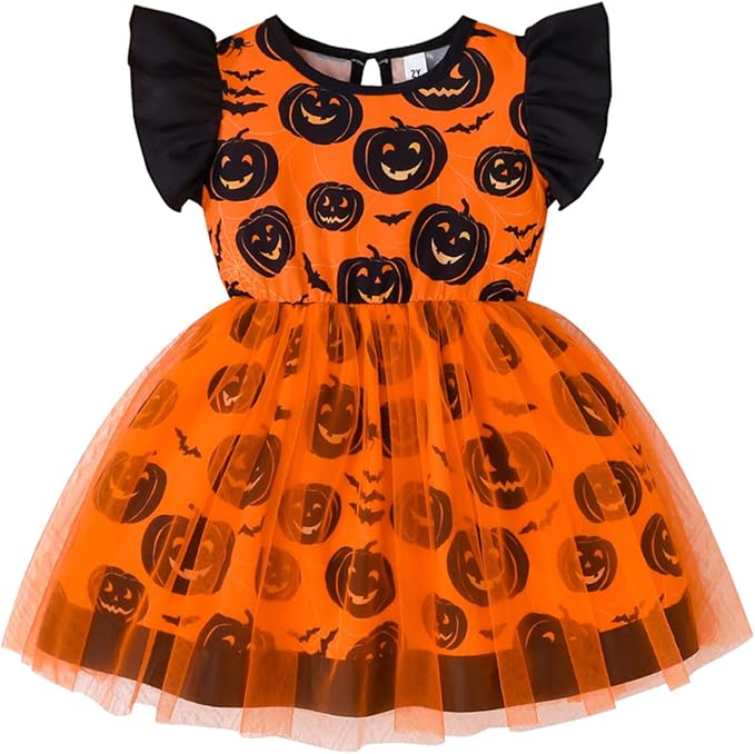 Toddler Girls Halloween Tulle Dress Ruffle Sleeve Pumpkin Princess Tutu Dresses Casual Kids Outfits Clothes 2-7 Years