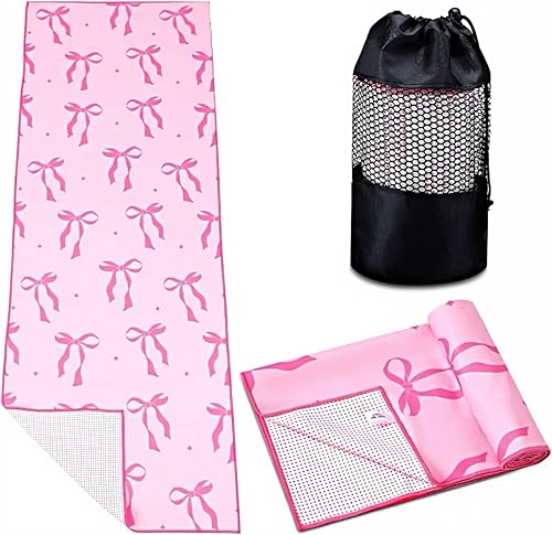 Breling Toalla de esterilla de yoga con lazo rosa con punto de agarre, lazo de coqueta antideslizante, ultra absorbente, toalla de microfibra suave