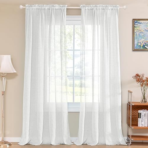 Turquoize cortinas semitransparentes con ojales para cortinero, paneles de cortina de lino natural mezclado, cortinas transparentes para dormitorio