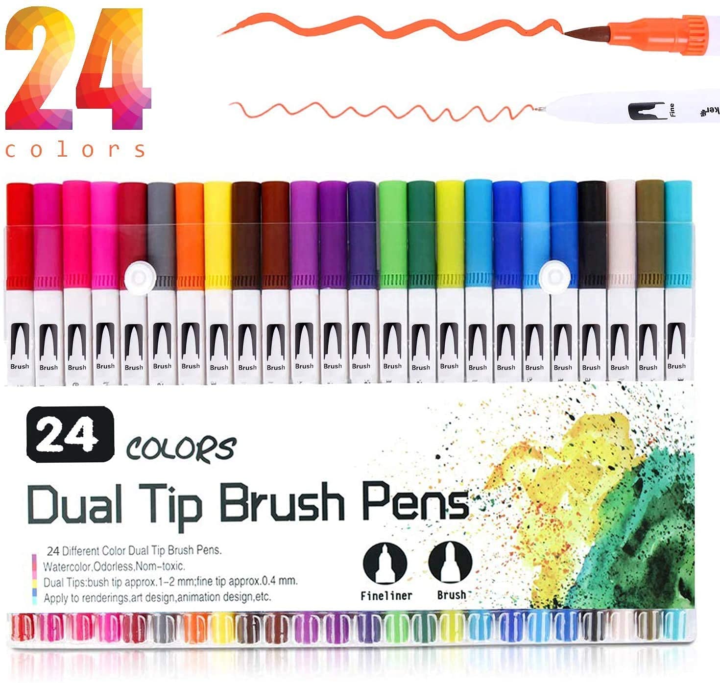 Watercolor Dual Tip Brush Pens, Set of 24 Colors Watercolor Markers and Water Pen, Flexible Real Brush Tips, Paint Pens for Artists, Beginners, Adults and Kids Coloring, Calligraphy and Drawing
