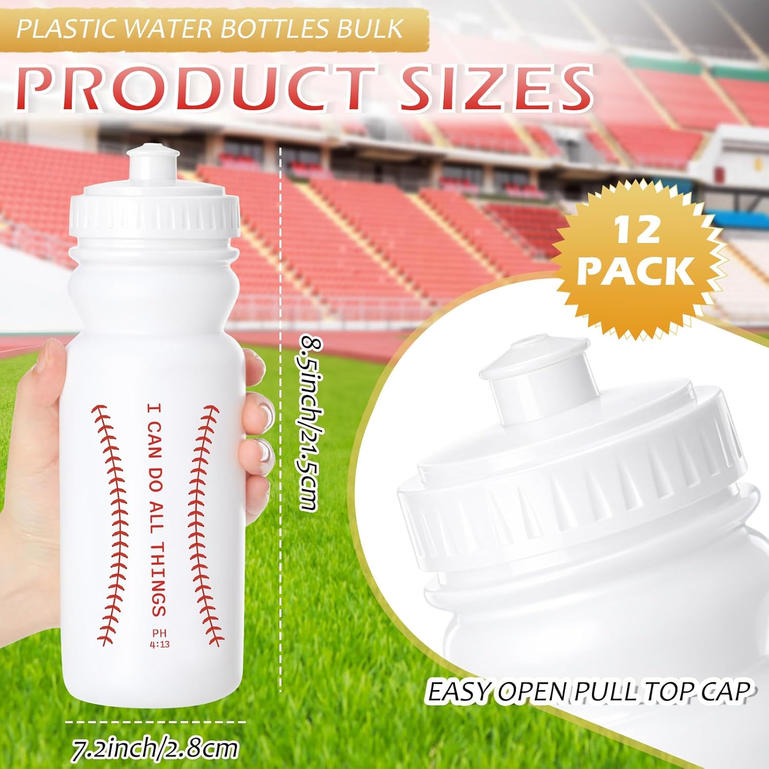 1 Pack Baseball Water Bottle 20 oz Sports Baseball Water Bottle Plastic Leak Proof with Pull Top Lid for Sports Team Gifts Travel Gym Party Supplies