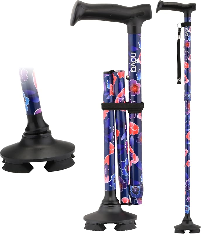 NOVA Foldable Quad Cane for Seniors, Self Standing Adjustable Walking Cane with Pivoting Quad Tip, Lightweight Collapsible Mobility Aid, Bonus Carry Pouch & Replacement Tips, Maui Flowers