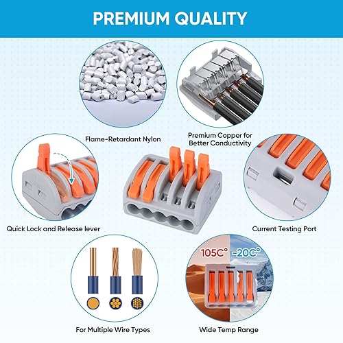 Miniatura 6 de TICONN Kit de 30 conectores de cable de palanca para 28-12 AWG para cables sólidos y trenzados, conectores de cable compactos ignífugos de