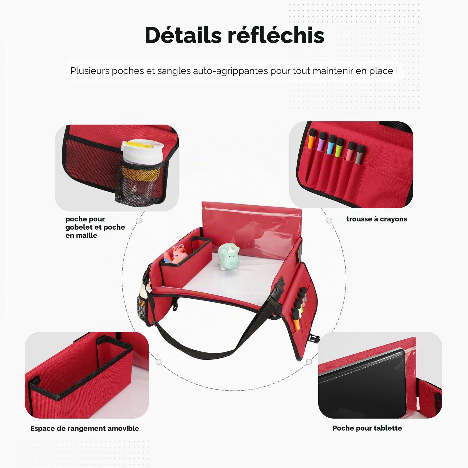 YOOFAN Plateau de Voyage Enfant Voiture - Plateau de Dessin et de Jeu Polyvalent avec Fenêtre pour iPad, 6 Stylos de Couleur, Carton Amovible et 4 Poches pour Livres et plus