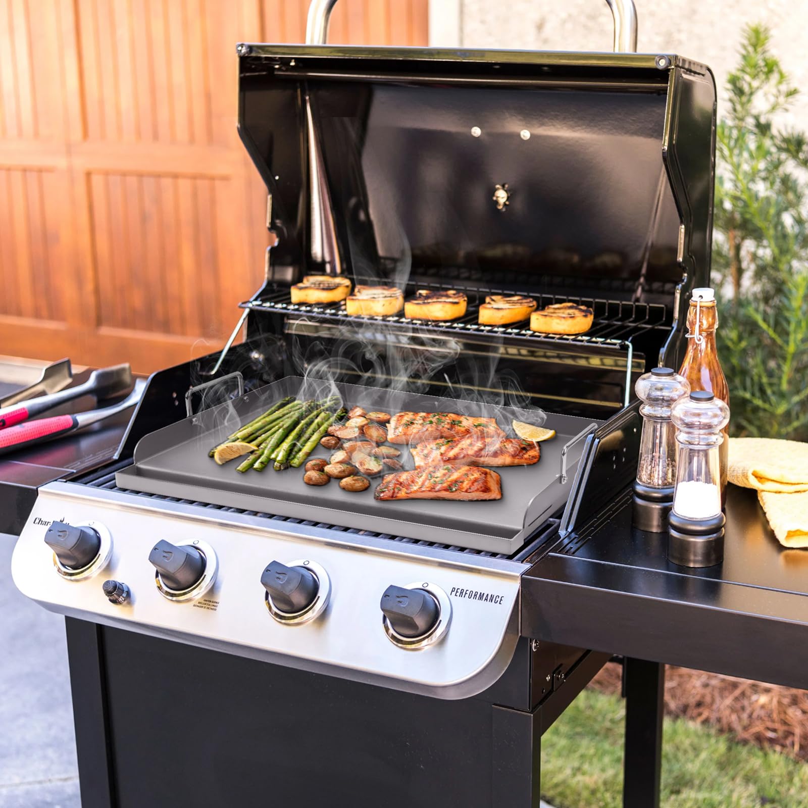 Universal BBQ Plancha Grillplatte Griddle für Weber Gasgrill und Holzkohlegrill, Grillplatten für Burger, Gasgrill und mehr, Rechteckig,63,5 x 40,6 CM Universal Grillpfanne mit Abnehmbarer Griff