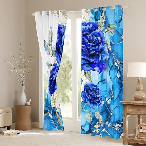 Miniatura 3 de Juego de 2 paneles de cortina para ventana de niñas y niñas, 42 pulgadas de ancho x 63 pulgadas de largo, bonitas cortinas de flores azules para