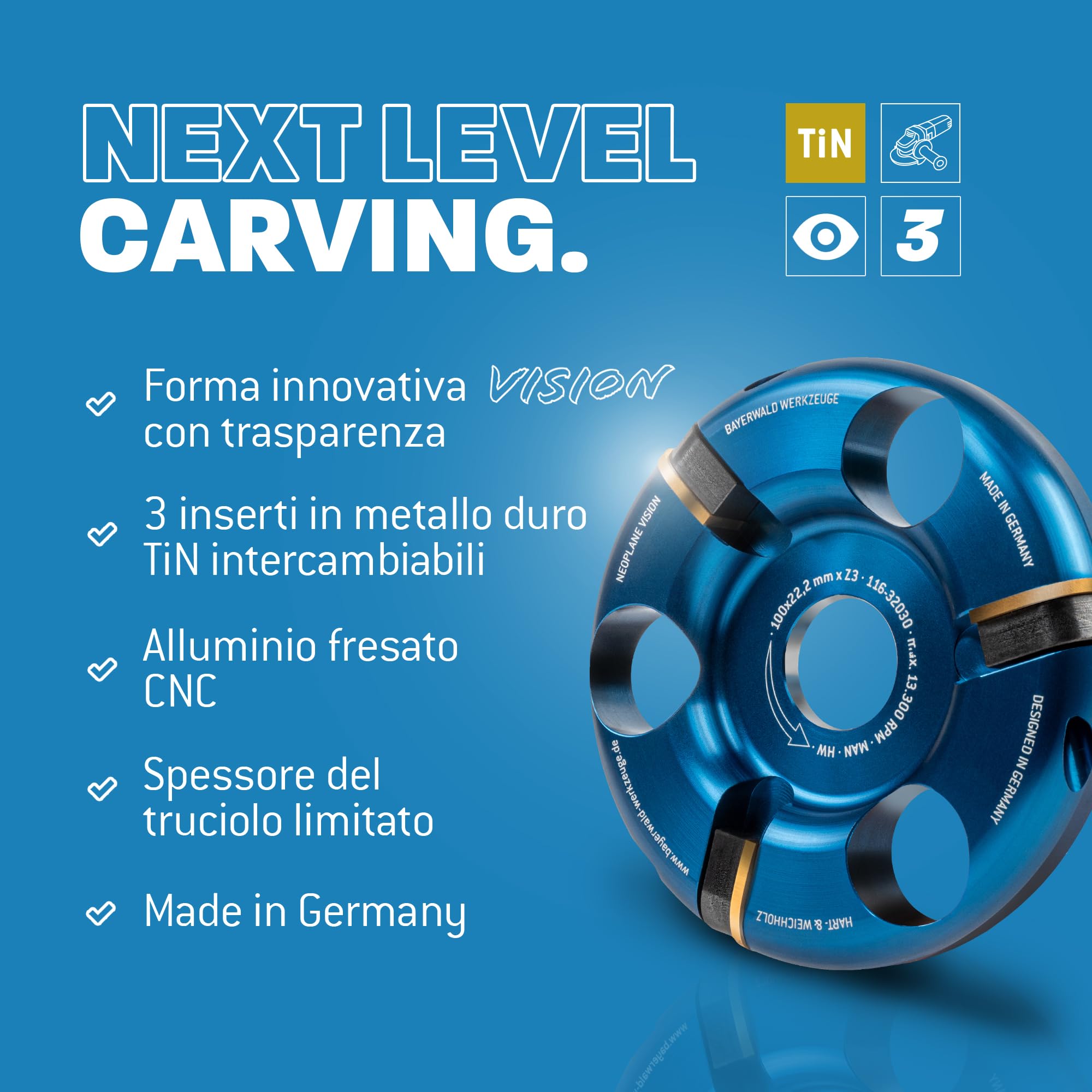 Qualità tedesca Bayerwald Tools NeoPlane – Disco per fresa per legno adatto per smerigliatrice angolare – Carving con visione libera – denti HM rivestiti TiN – lunga durata