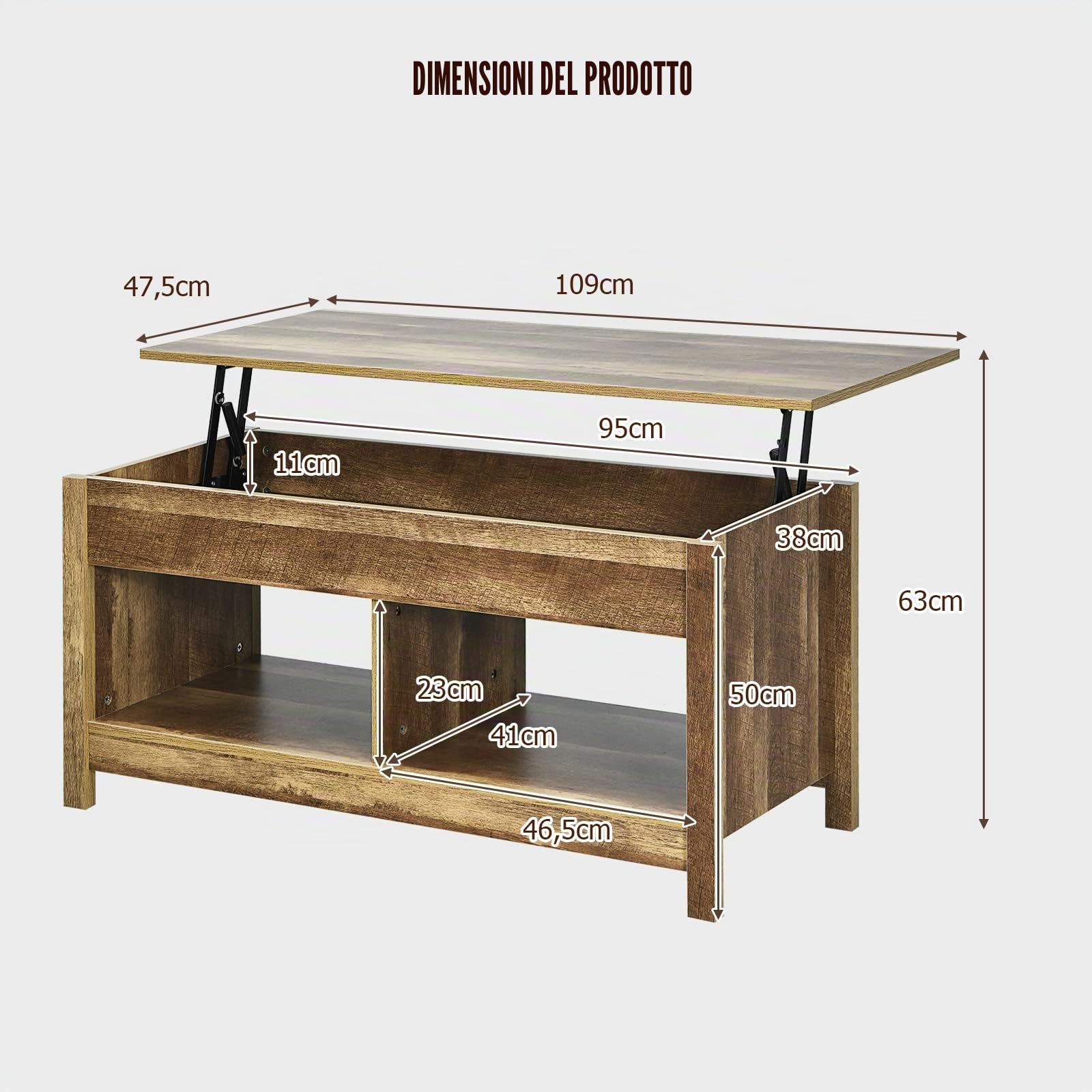 LIFEZEAL Tavolino da Salotto, Tavolino Sollevabile, Elevabile, Alzabile, Tavolino da Caffè, da Divano, Moderno, Basso, in Legno, Vano, Scomparti, Soggiorno, Ufficio, Max 50kg, 109x47,5x50-63cm, Rovere