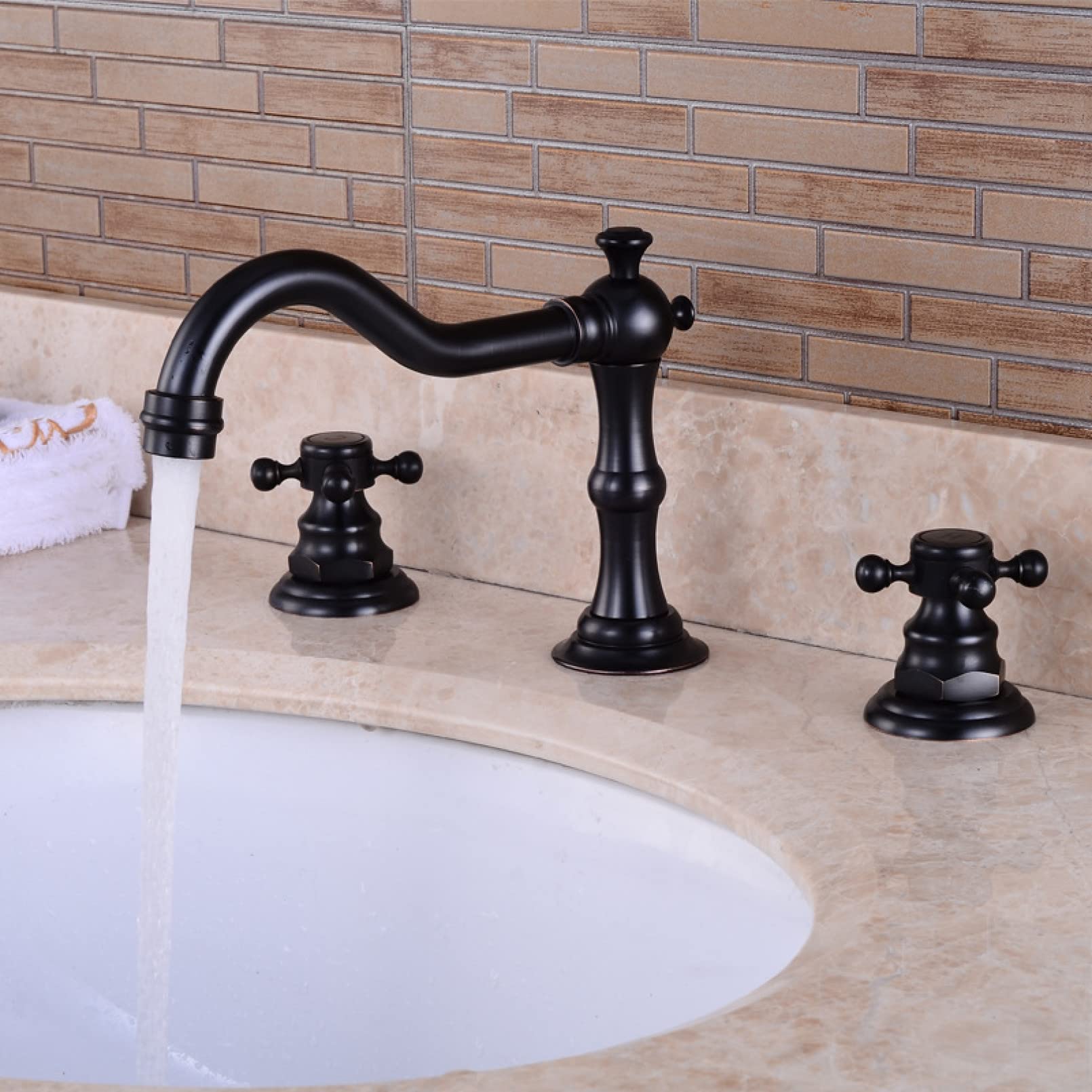 ZQFHSX Antique Bronze Widespread Bathroom Sink Faucet 3 Hole Deck Mounted Dual Handle Hot Cold Water Mixer Tap Brush Nickel (Black) LWX