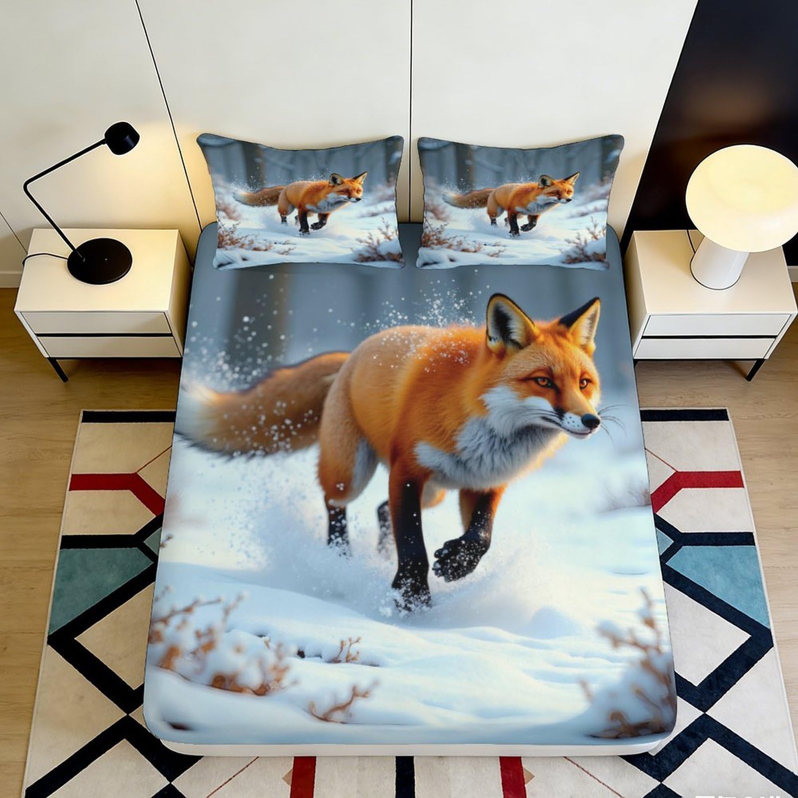 3D Printed Forest Fox Fitted Sheet Microfiber Deep Pocket Bedroom Bedding Fox Mattress Fitted Cover Washable for Adults Teens 120x200x25cm