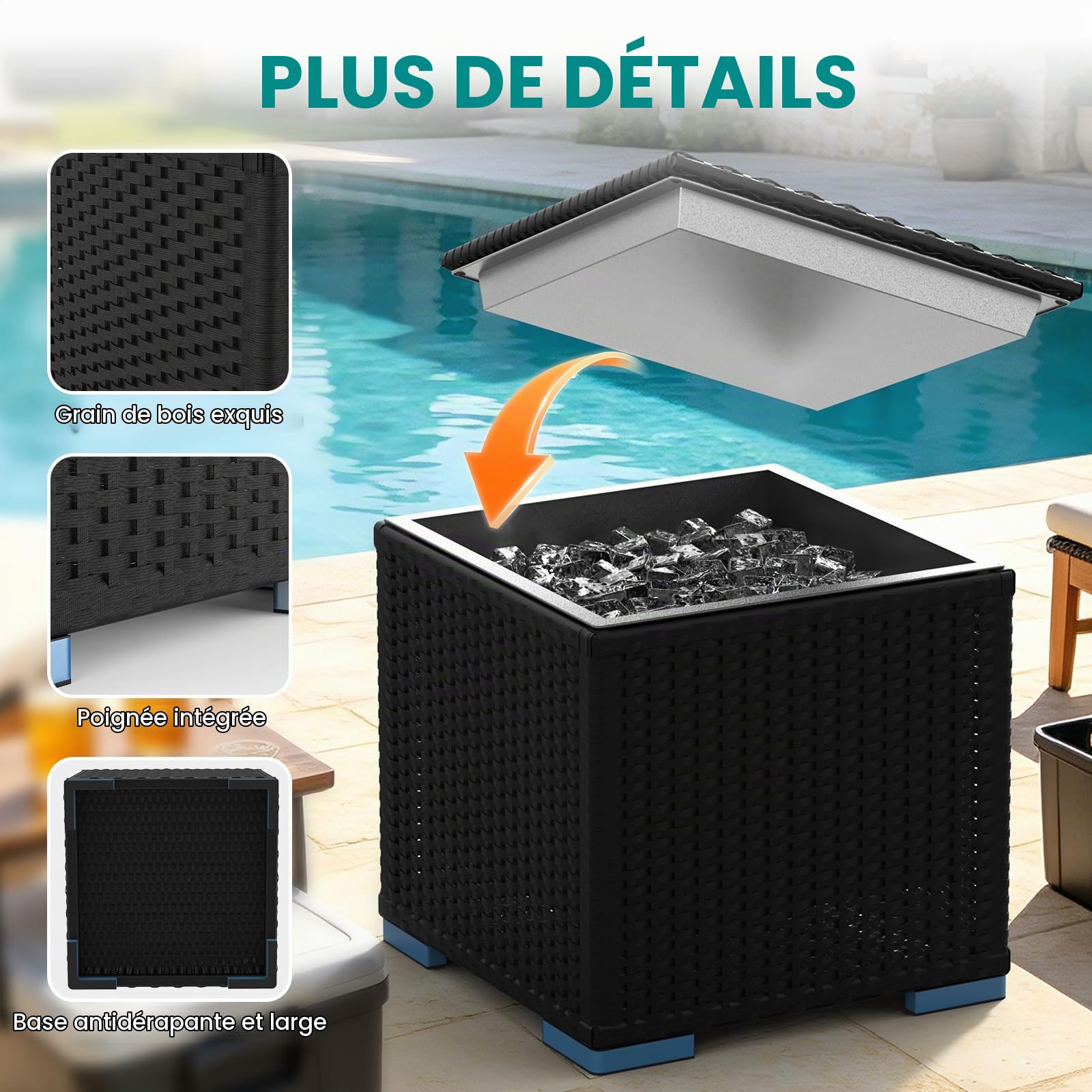 Soontrans Glaciere Rigide 43 × 43 × 43 CM Capacité 40 L, Table Glaciere Durable avec 4 Patins Antidérapants, Glacière Carrée Isolation 24 Heures sans Électricité, pour Camping, Voyager, Fête, Noir