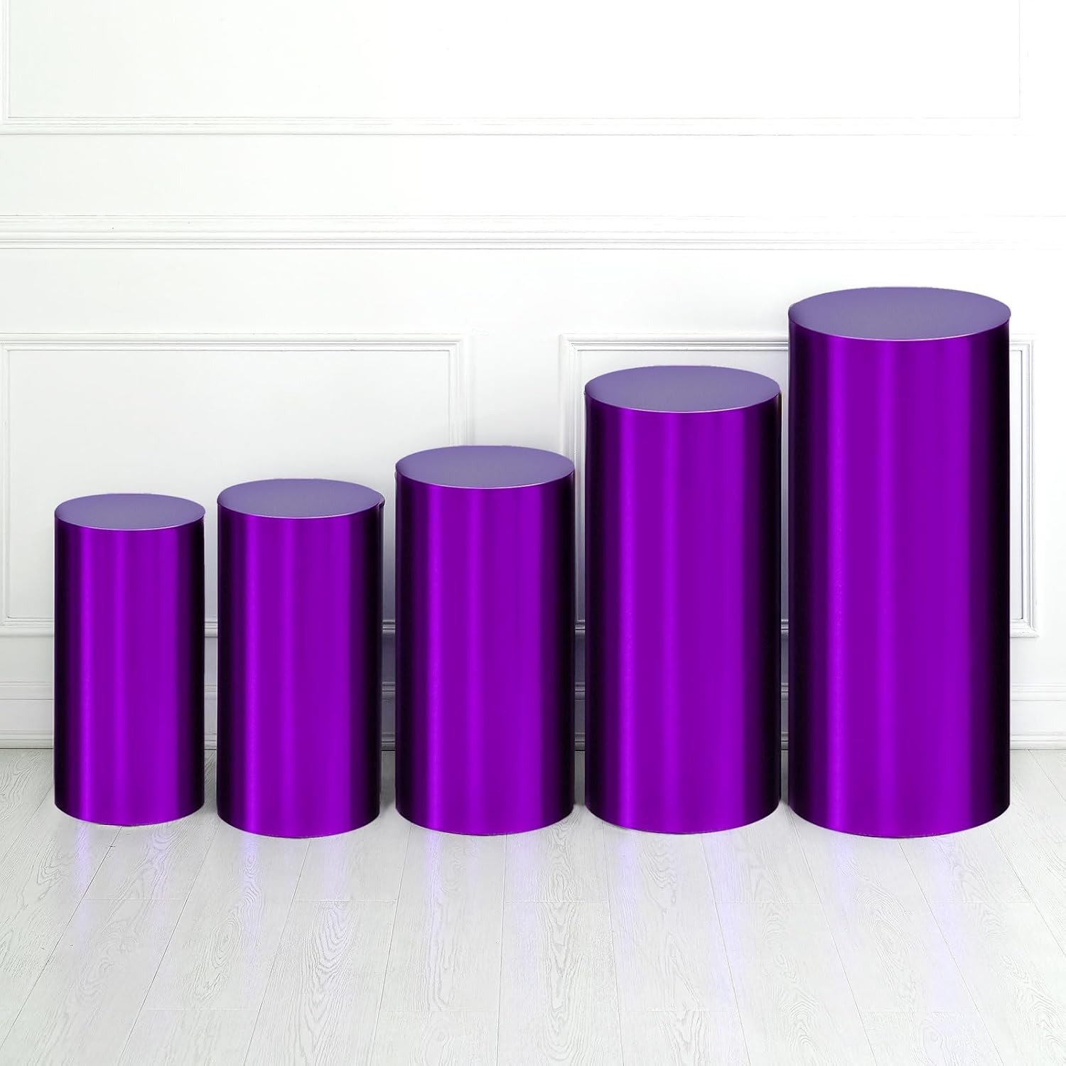 uxcell Set of 5 Purple Cylinder Spandex Stand Covers, Plinth Stand Cover for Party Wedding Birthday Decoration, Only Contains Cylinder Covers (Foil Fabric)