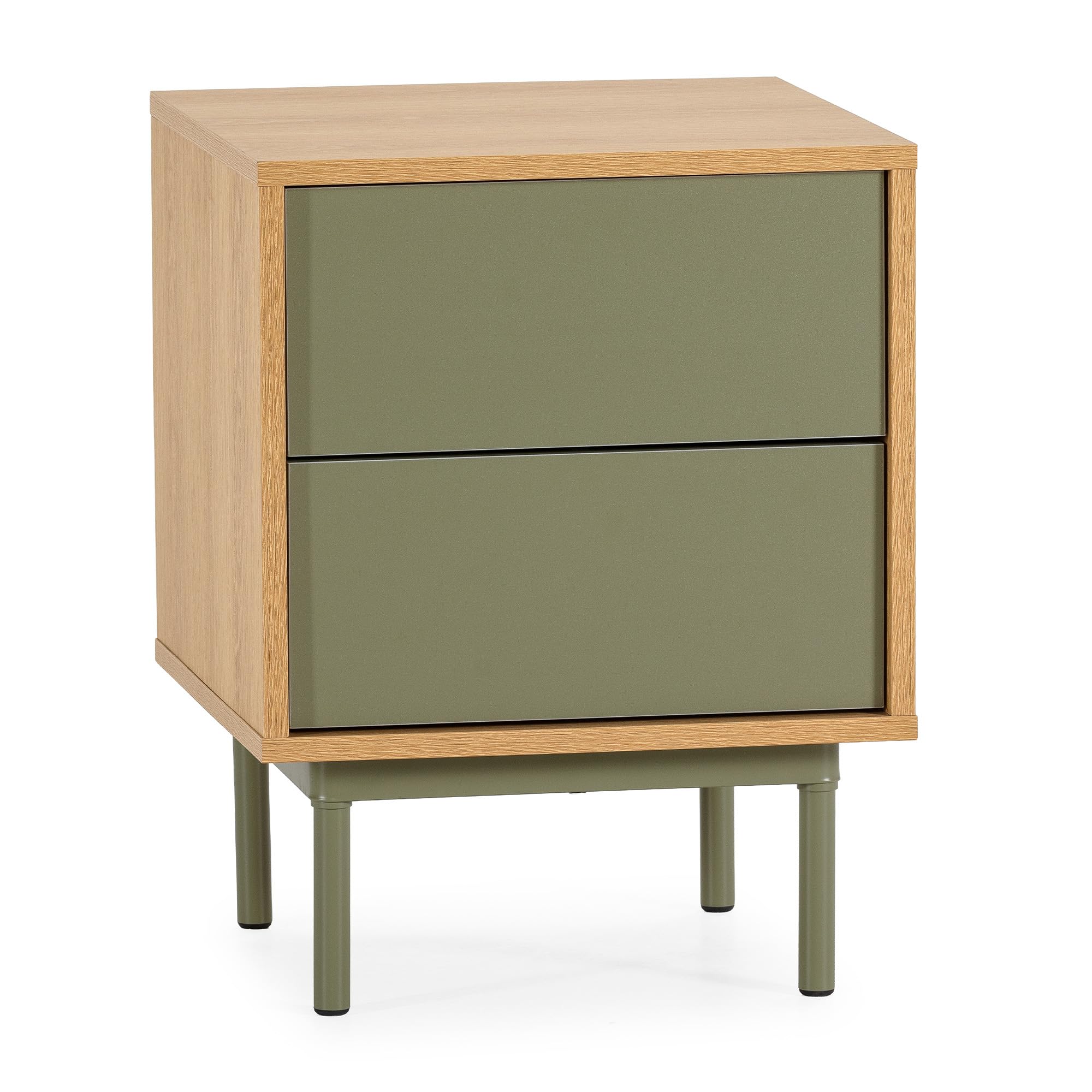 HOMN LIVING Mesita de Noche Cuzco 2 cajones Color Roble/Verde, 40 cm (Ancho) 40 cm (Profundo) 52 cm (Altura)