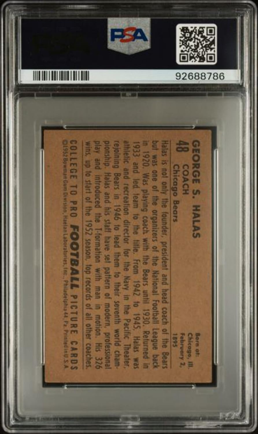 Graded 1952 Bowman Small George Halas #48 Football Card PSA 4 VG-EX