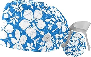 Blue Small Flower 2 Pcs Unisex Working Cap with Button Sweatband Adjustable Tie Back Bouffant Hats