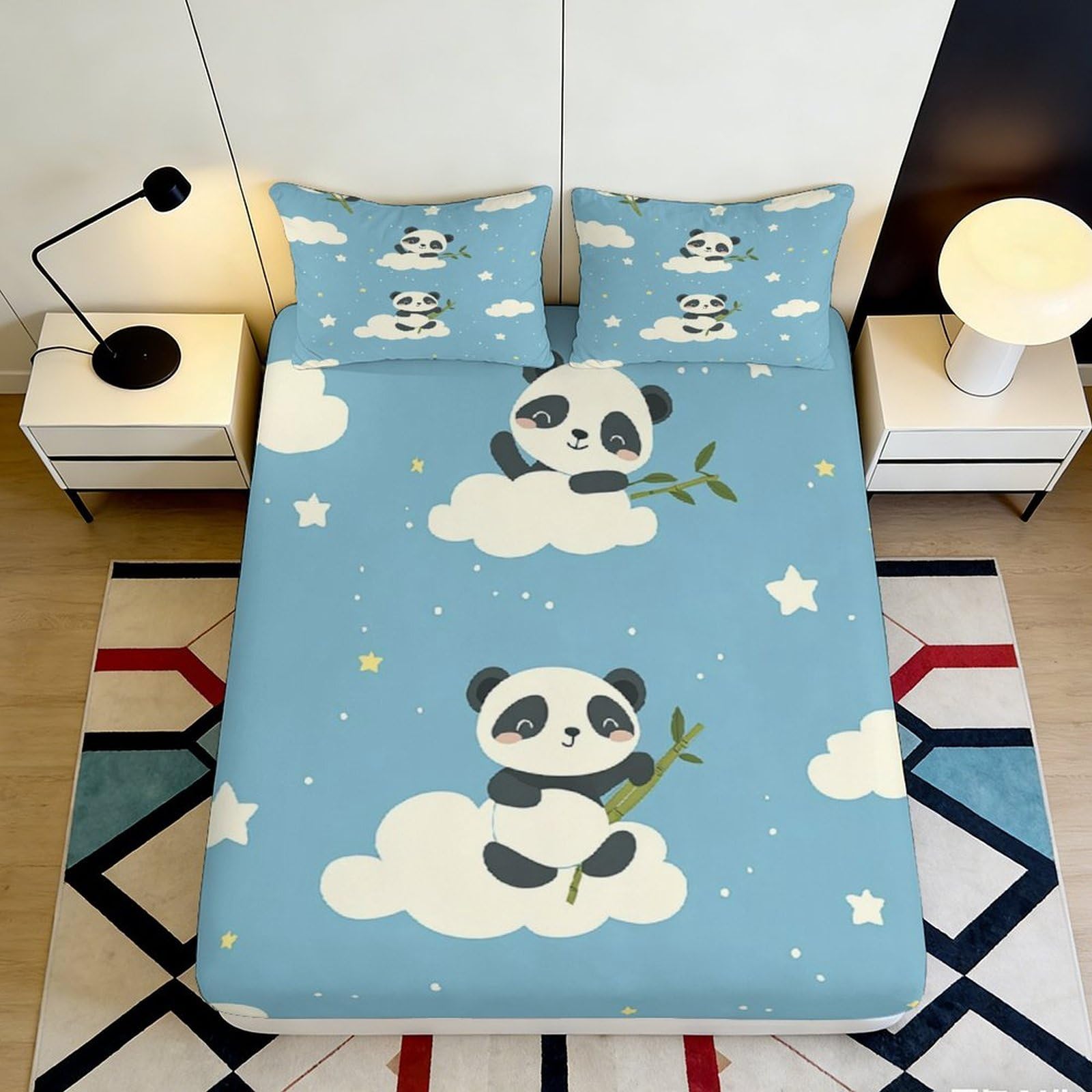 3D Printed Cartoon Panda Cloud Fitted Sheet Microfiber Soft Blue Mattress Cover for Bedroom Dorm Room Decor 140x200x25cm