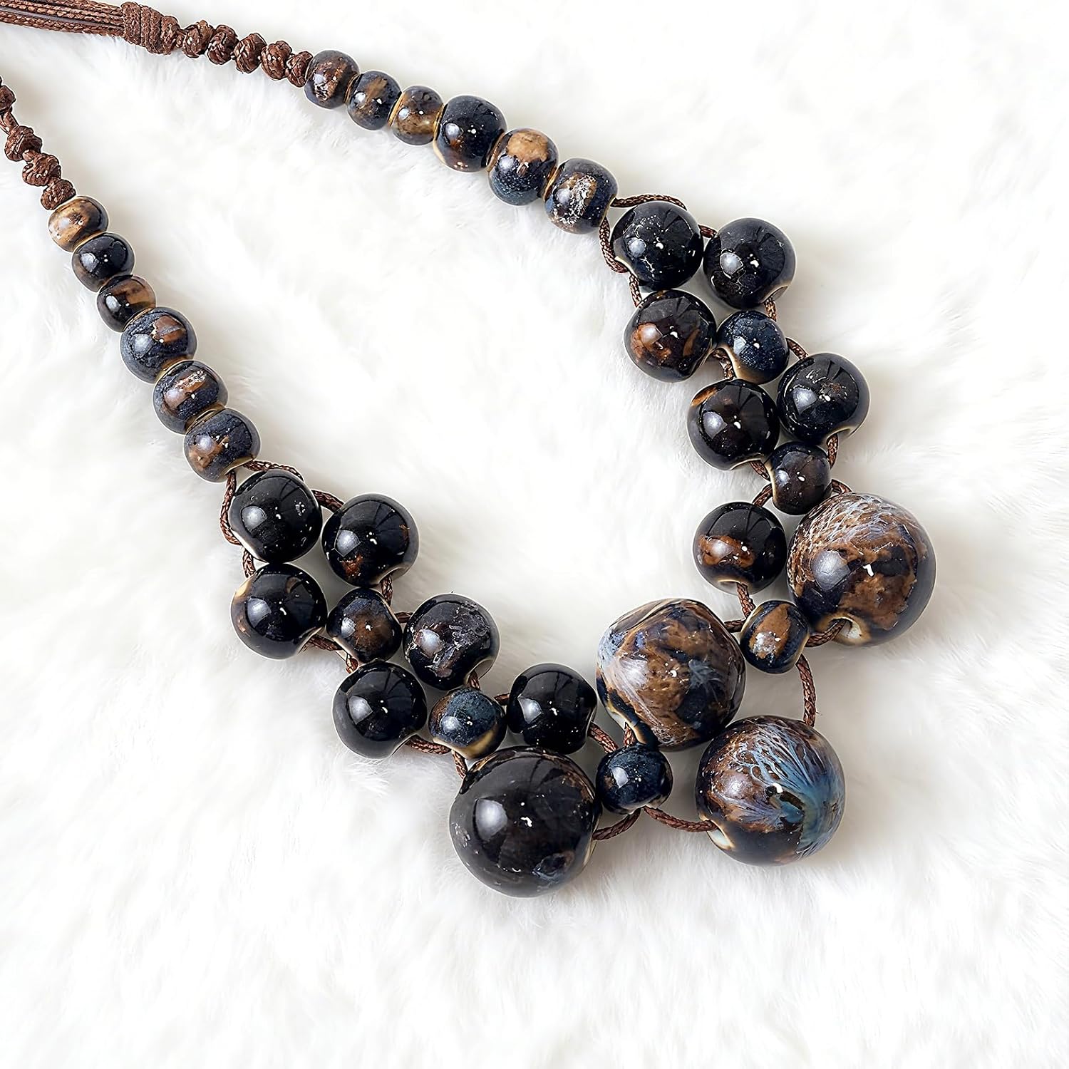 Blue Gray Colorful Ceramic Beaded Necklace for Women, Adjustable Bohemian Handmade Jewelry Unique Gift for Birthday Summer Festival​
