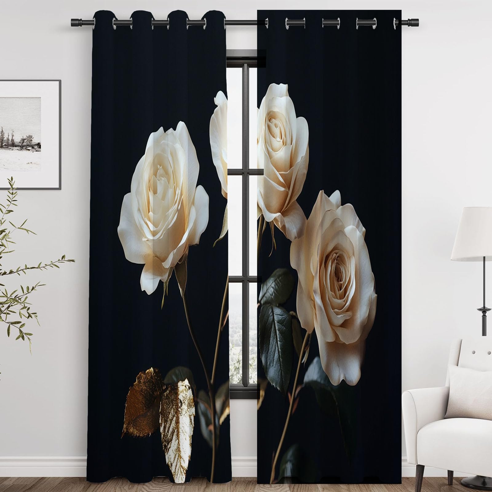 Boho Vintage Blumen Vorhänge Weißes Vintage-Blumenmuster Muster mit Ösen in Grau Schlaufenschal 2er Set für Wohnzimmer Schlafzimmer Kinderzimmer-H230 x B130 cm (2er Pack)