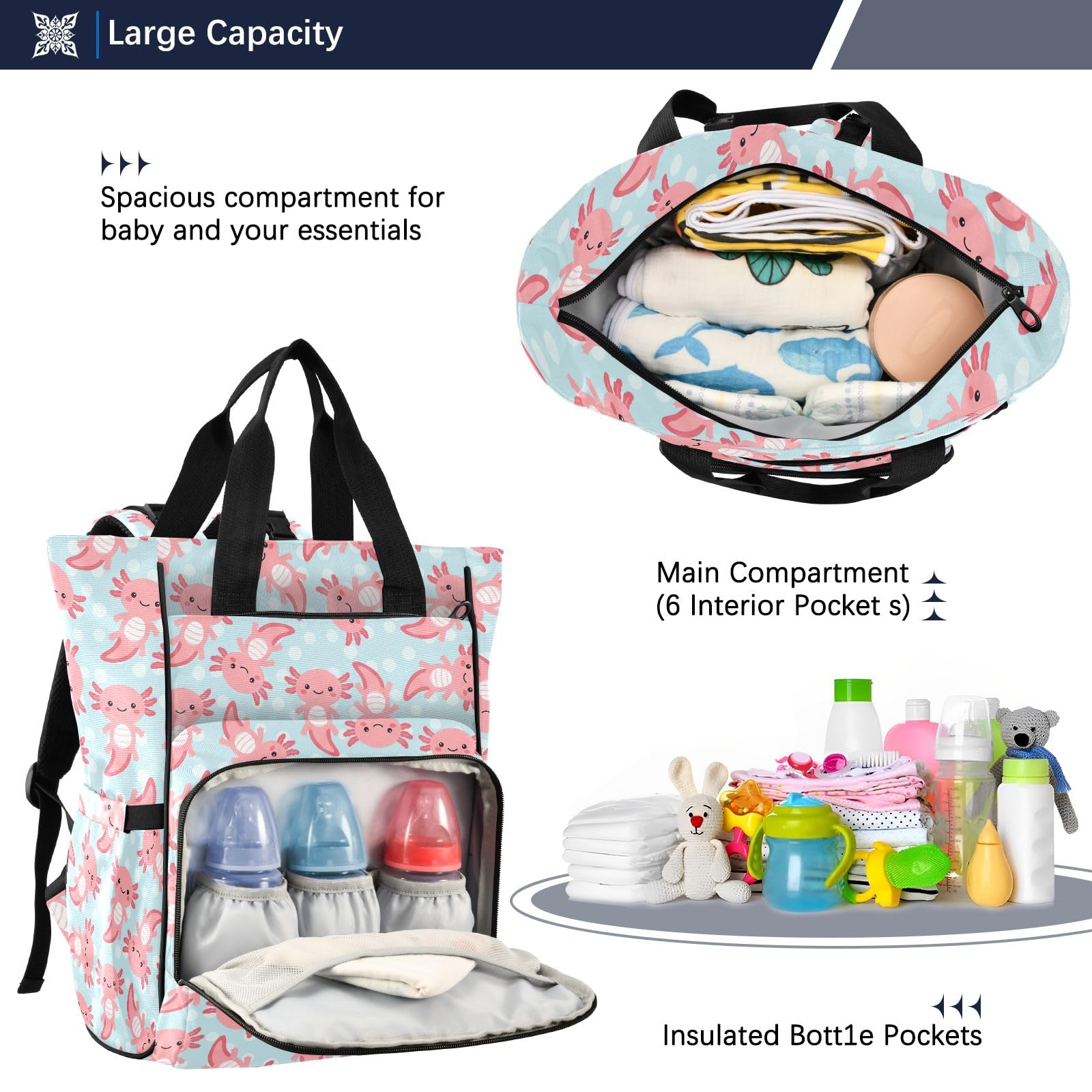 Mnsruu Mochila para pañales de bebé con patrón de ajolote rosa, bolsa grande, impermeable, bolsas de pañales de viaje para mamás y papás