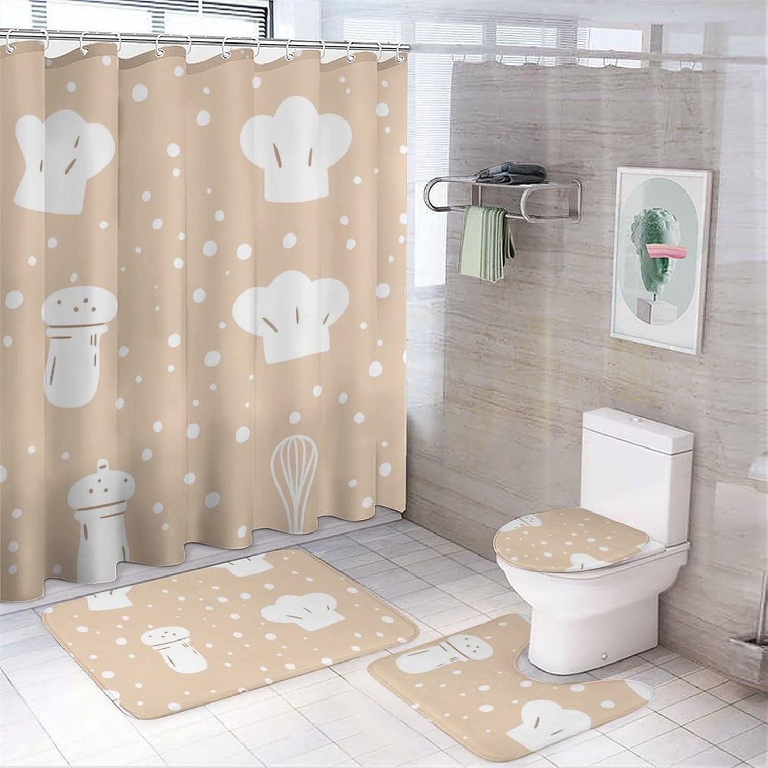 Chef Hat Egg Beater Pepper Shaker Modern Bathroom Sets with Shower Curtain and Rugs Decor 4 Pcs with 12 Hooks