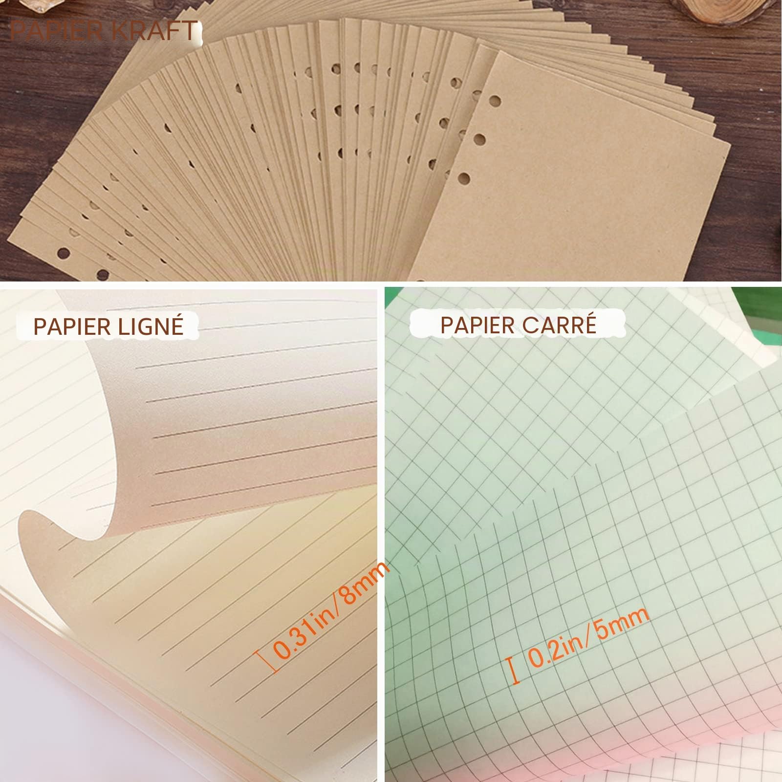 DY.2ten Lot de recharges A6 à 6 trous pour carnet de notes – Recharges de papier quadrillé + papier ligné + papier kraft + feuilles volantes vierges) 180 feuilles/360 pages (45 feuilles de chaque