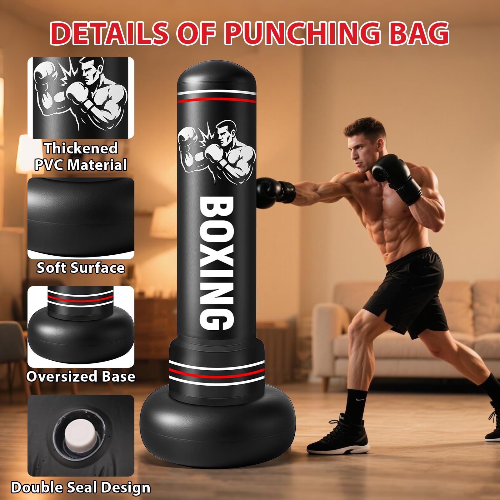 Saco de Boxeo Adultos, 190cm Sacos de Boxeo de Pie on Guantes y Bomba de Aire, Punching Ball Inflable Entrenamiento para Karate, Kickboxing, PVC Fitness Boxeo Regalo Ideal