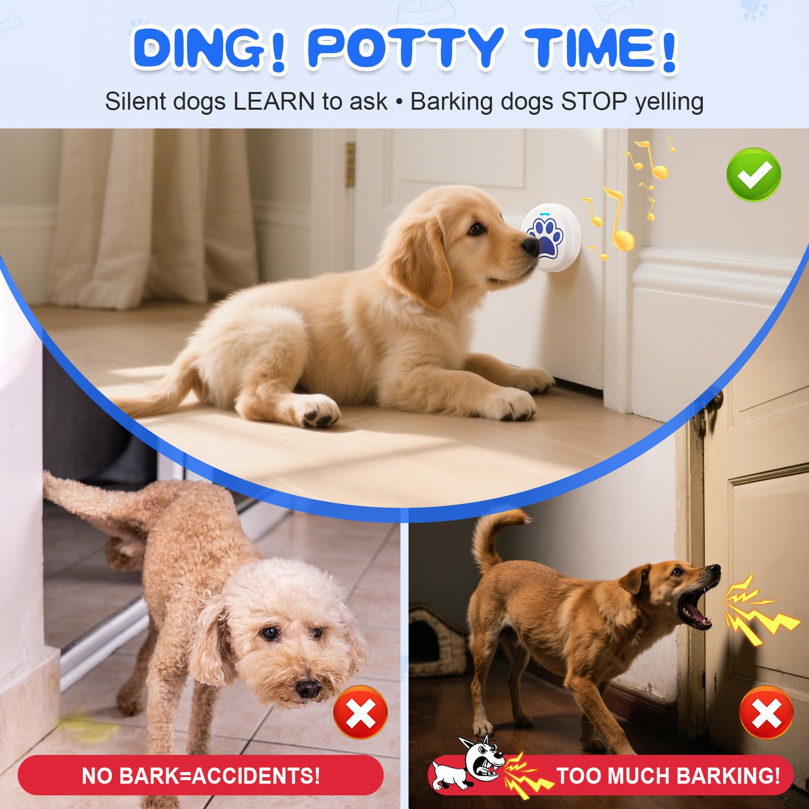 ChunHee ChunHee Dog Bells Potty Training - Dog doorbell with 36 Custom Sounds Chew-Proof & Adjustable Volume (0-115dB) Puppy Training to Go Outside (Blue, 1 Pack) in use