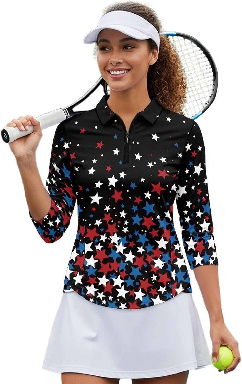 Womens Golf Polo Shirts Zipper 3/4 Sleeve Moisture Wicking Sun Protection Workout Tennis Tops Size S-2XL