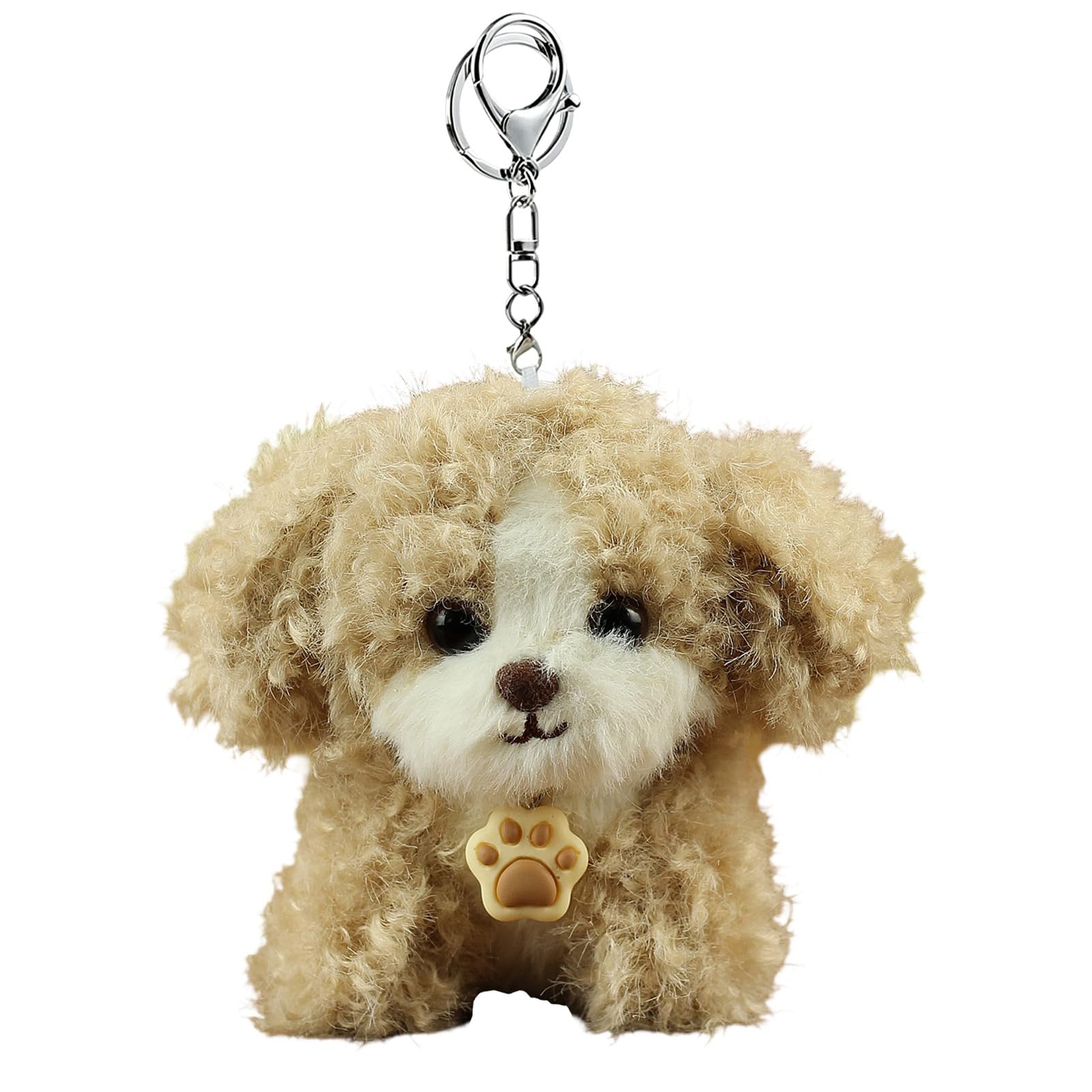 Glimbely Cute Plush Curly-haired Puppy Charm for Backpack, Kawaii Car Keychain Holder Cute Stuffed Animal Purse Charms for Handbags (Light Brown)