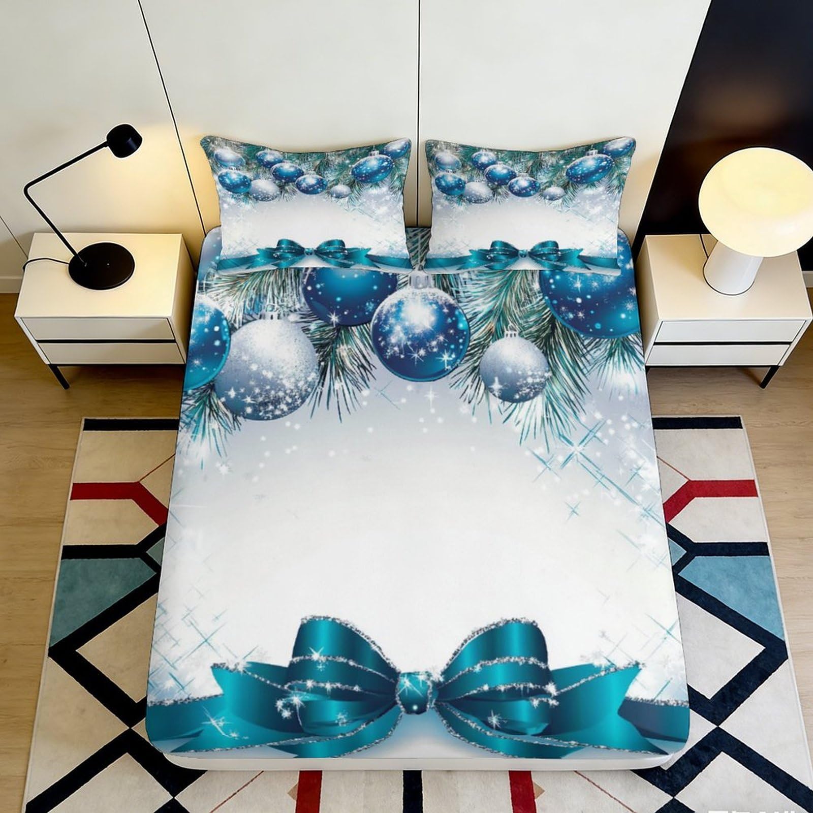 Pnayamiorkfel Style-9 3D Printed Christmas Ornament Fitted Sheet Microfiber Blue Bow Mattress Cover Bedroom Guest Room Dustproof Decor 90X200x25cm