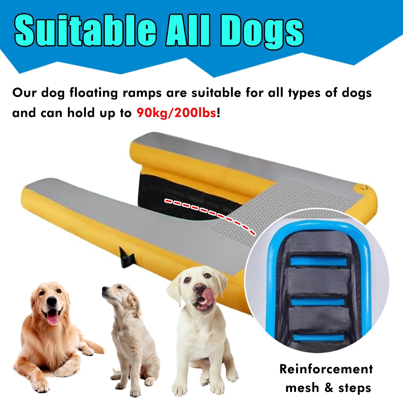 Rampa de Agua Para Perros Escalera de agua para perros con escalones 3D antideslizantes y bomba/kit de reparación, rampa flotante inflable para piscina/plataforma para perros en playas, muelles(Black,