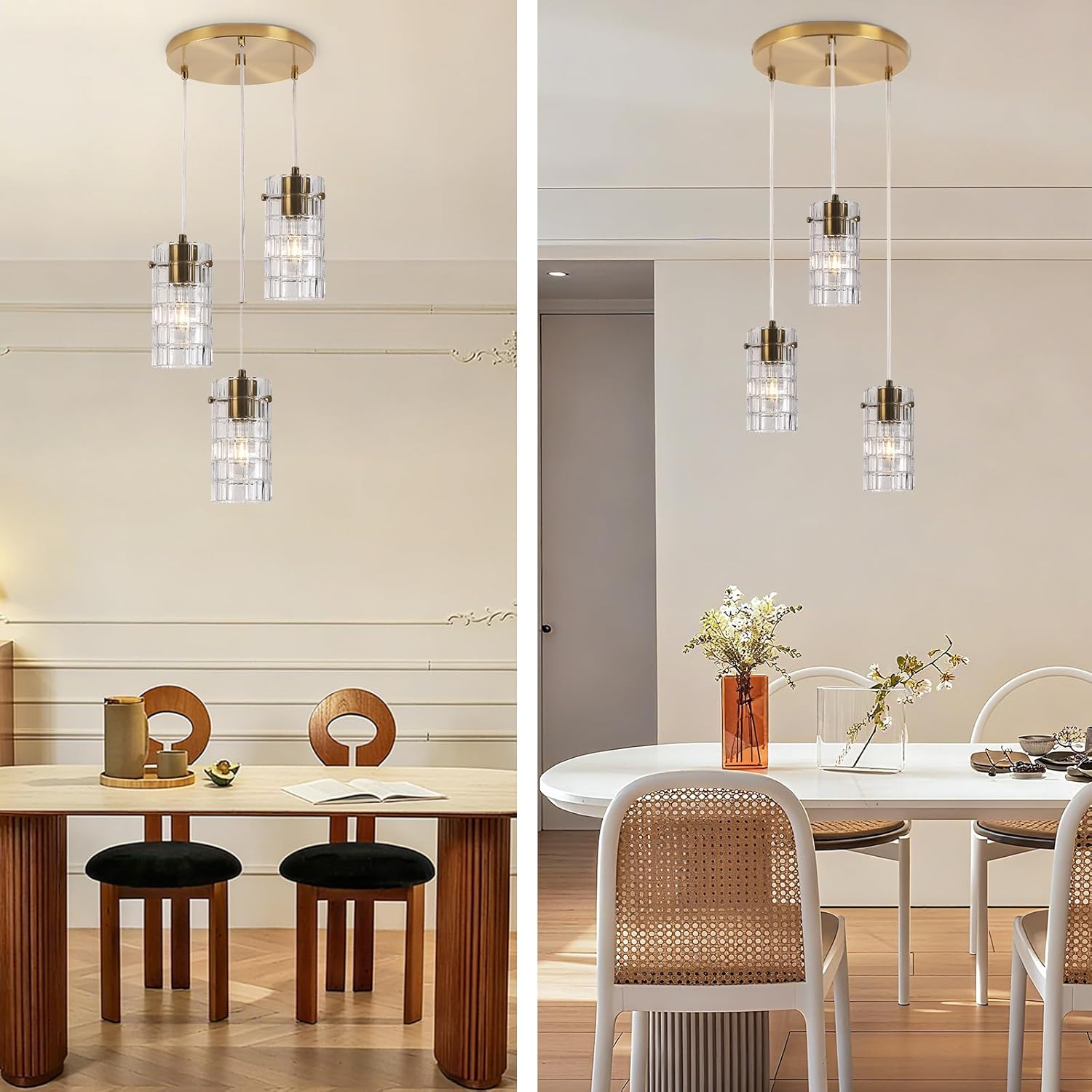 Modern Glass Pendant Light, Copper Finish 3-Light Chandelier for Kitchen Island/Dining, Height Adjustable, E26 Sockets, Bulbs Not Included