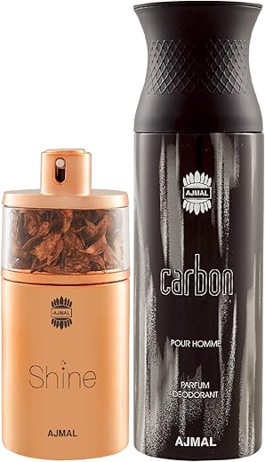Ajmal Shine EDP Floral Powdery Perfume 75ml for Women and Carbon Homme Deodorant Citrus Spicy Fragrance 200ml for Men